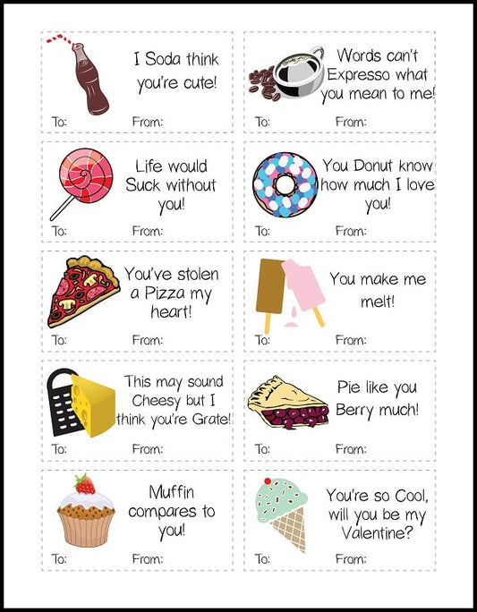 Check out VIP Vault's Printable Punny Valentines, featuring delightful illustrations of soda, coffee, lollipop, donuts, pizza, cheese, pie, muffin, and ice cream with playful text. Enjoy this free digital set for a dose of humor and charm!.