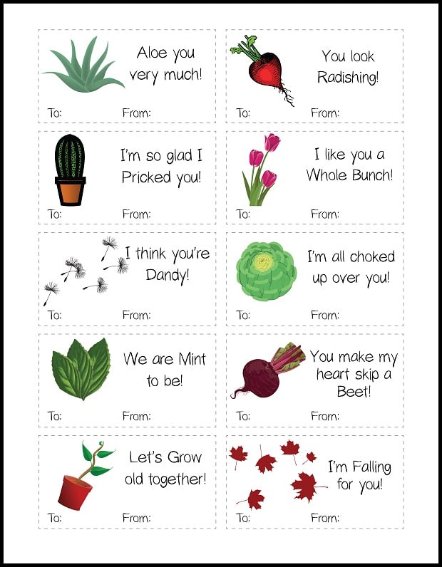 Introducing VIP Vault's Printable Punny Valentines, with plant-themed images and phrases like "Aloe you very much!" and "You look Radishing!", each card includes fields for "To" and "From." Ideal free printables for a touch of fun!.