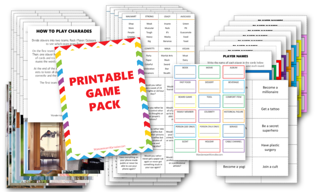 A collection of printable party games, including charades instructions, word lists, and various game cards arranged in overlapping stacks. The cover page reads "Printable Game Pack," making this digital product from Wondermom Shop perfect for instant fun.