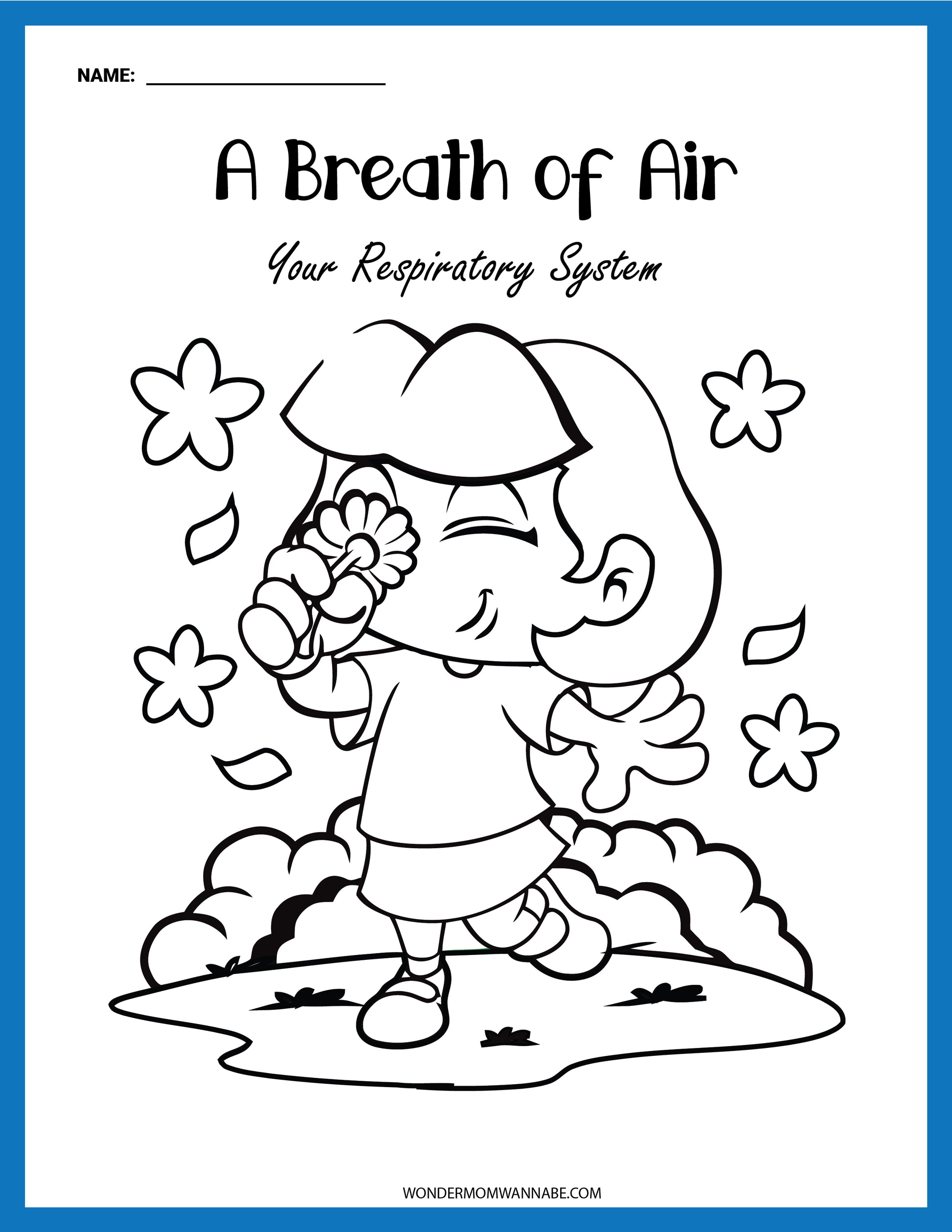 In the Respiratory System Activity Set by Wondermom Shop, a child is depicted smelling a flower on a coloring page, surrounded by flowers and leaves.