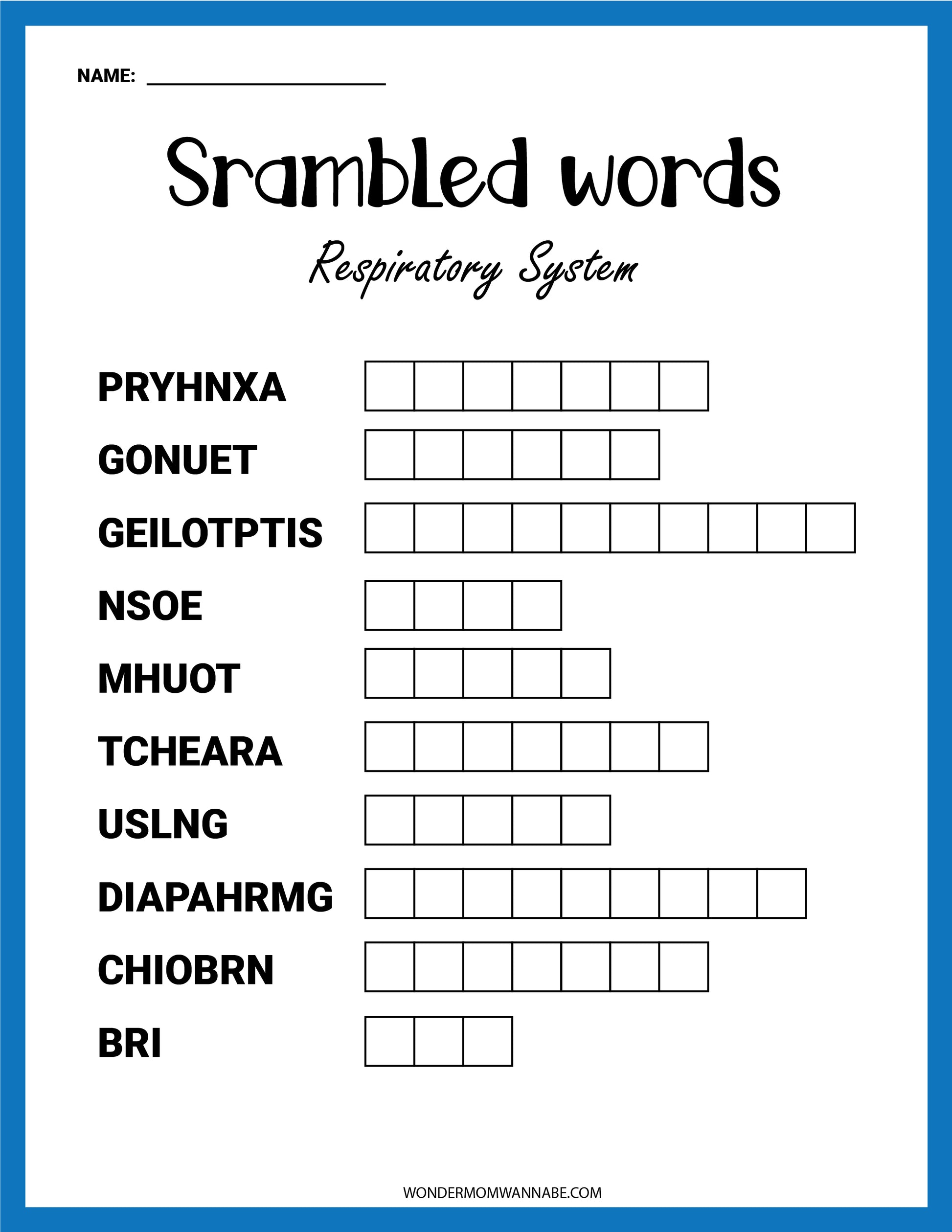 The "Respiratory System Activity Set" by Wondermom Shop provides an engaging educational activity featuring a word scramble puzzle with scrambled words and spaces for solutions.