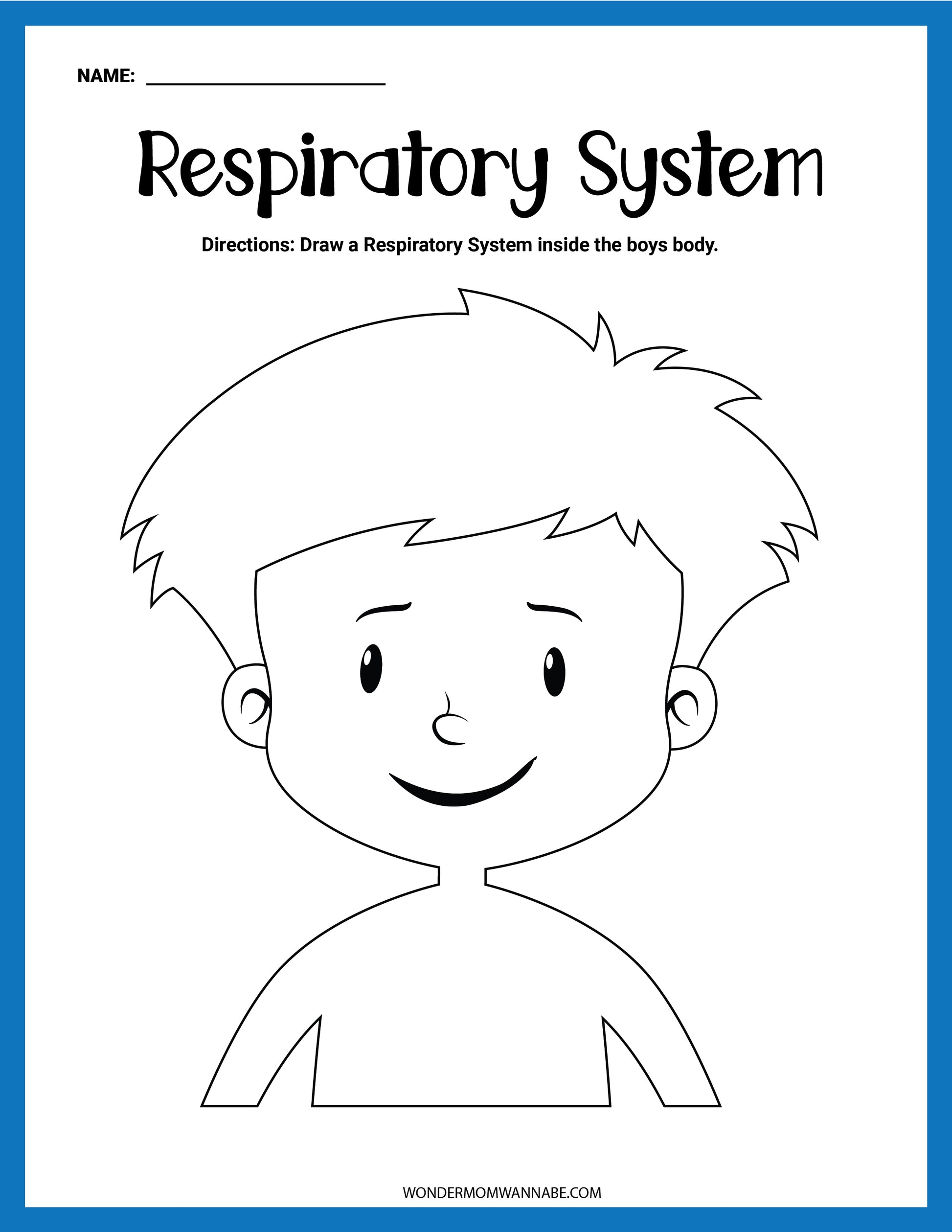 Introduce your students to the respiratory system with the Wondermom Shop's Respiratory System Activity Set, featuring a black and white worksheet of a smiling boy designed for engaging educational activities.