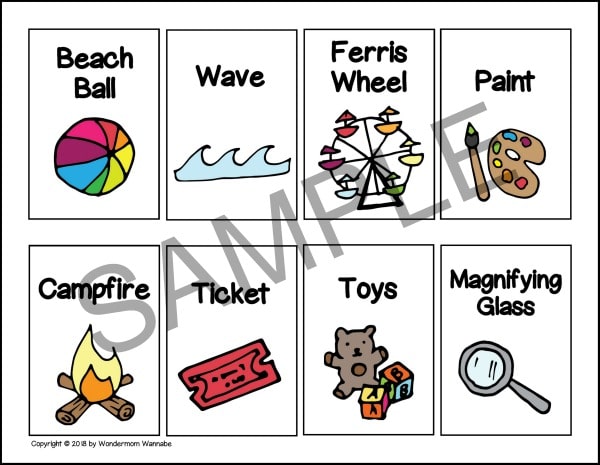Illustrated cards labeled Beach Ball, Wave, Ferris Wheel, Paint, Campfire, Ticket, Toys, and Magnifying Glass feature corresponding images such as a beach ball and a wave. This printable activity set from VIP Vault called Forehead Game Cards makes for a fun and engaging digital product similar to Hedbanz cards.