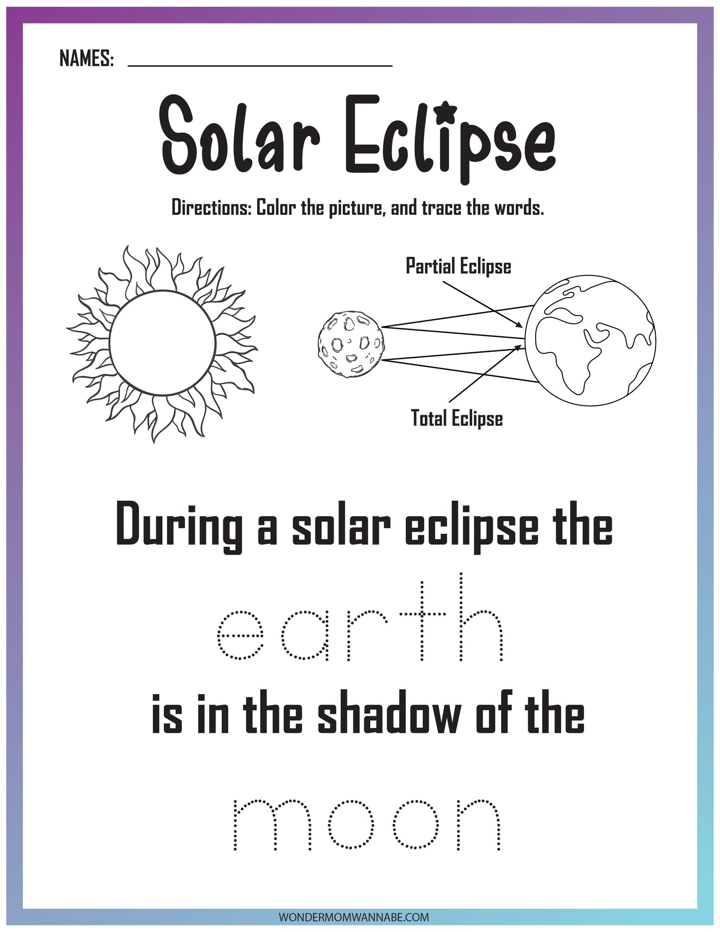 An educational coloring and tracing activity sheet about solar eclipses for children, part of the Lunar and Solar Eclipse Activity Set by Wondermom Shop.