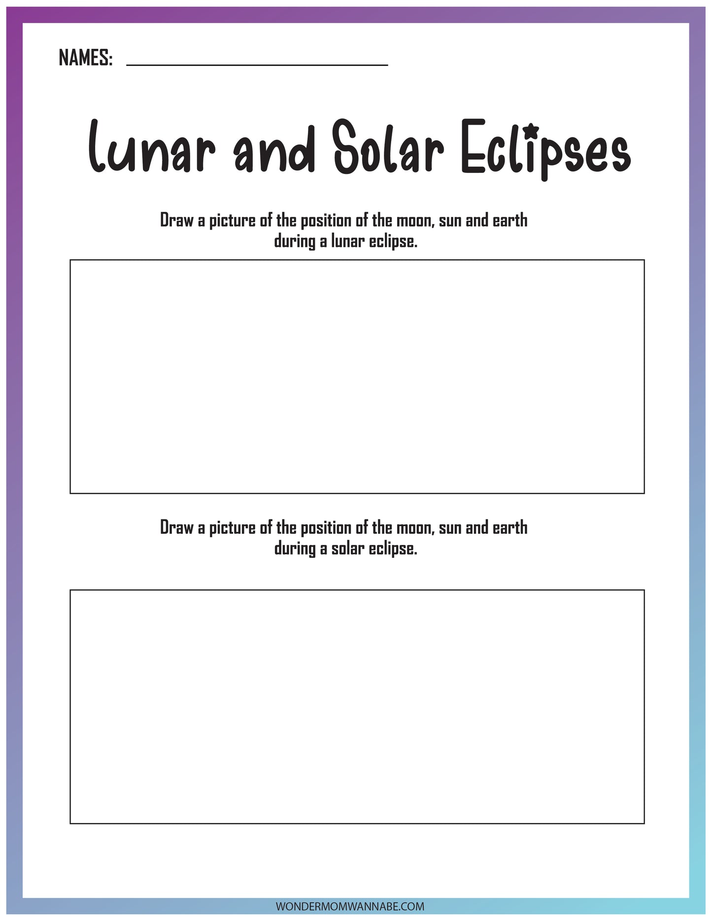 Worksheet titled "Lunar and Solar Eclipse Activity Set" with spaces for drawing the position of the moon, sun, and earth during Lunar Eclipse and Solar Eclipse by Wondermom Shop.