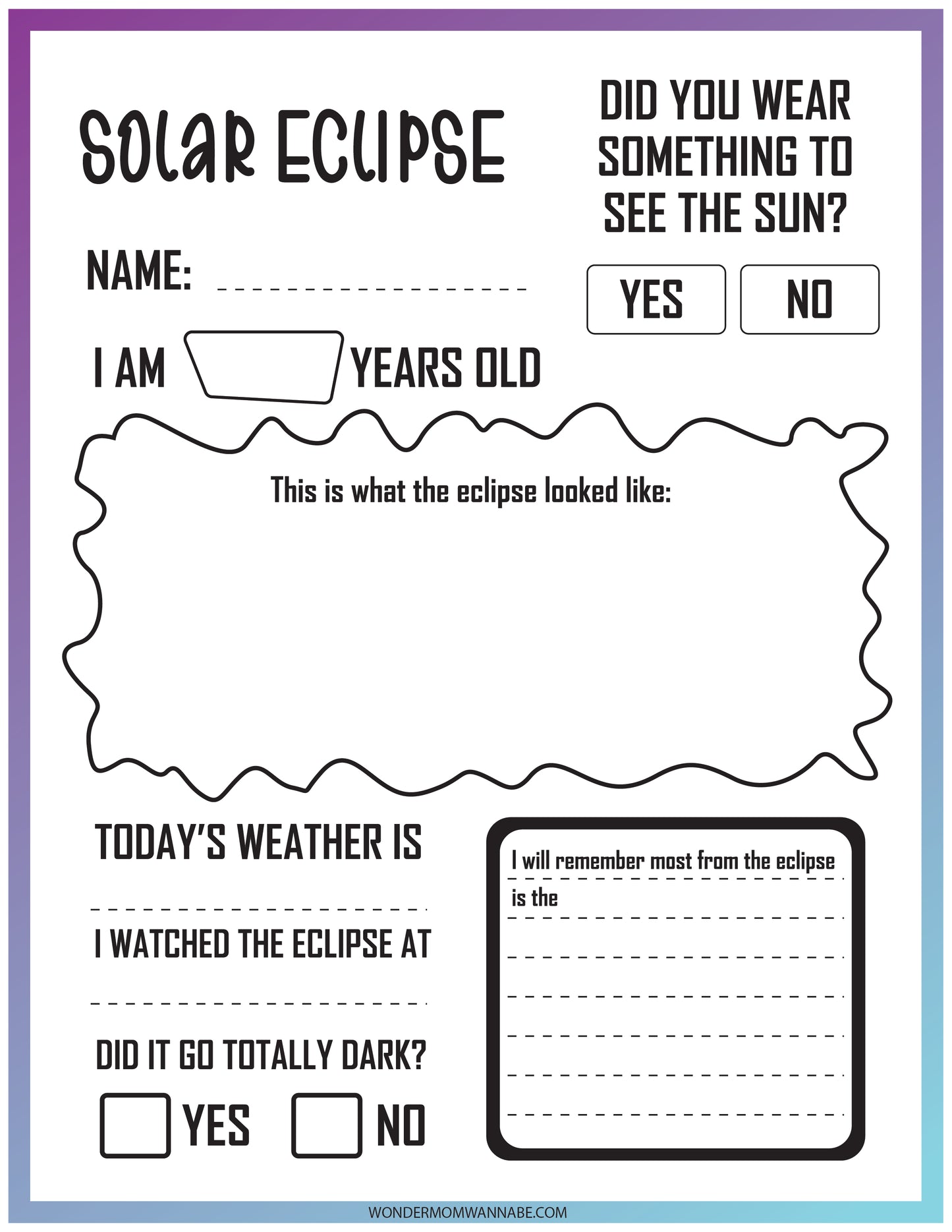 Printable Lunar and Solar Eclipse Activity Set from Wondermom Shop for documenting and reflecting on a Solar Eclipse experience.
