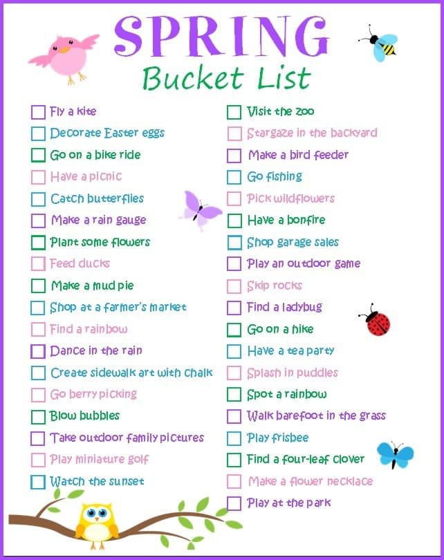 Illustrated "VIP Vault Family Spring Bucket List" with colorful icons and printable activities like flying a kite, having a picnic, and planting flowers, surrounded by cartoon birds, bees, and butterflies.