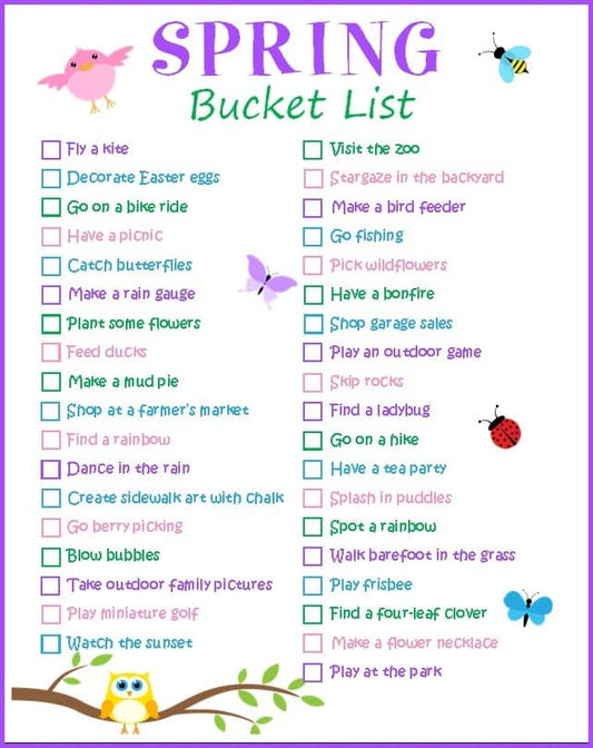 Illustrated "VIP Vault Family Spring Bucket List" with colorful icons and printable activities like flying a kite, having a picnic, and planting flowers, surrounded by cartoon birds, bees, and butterflies.