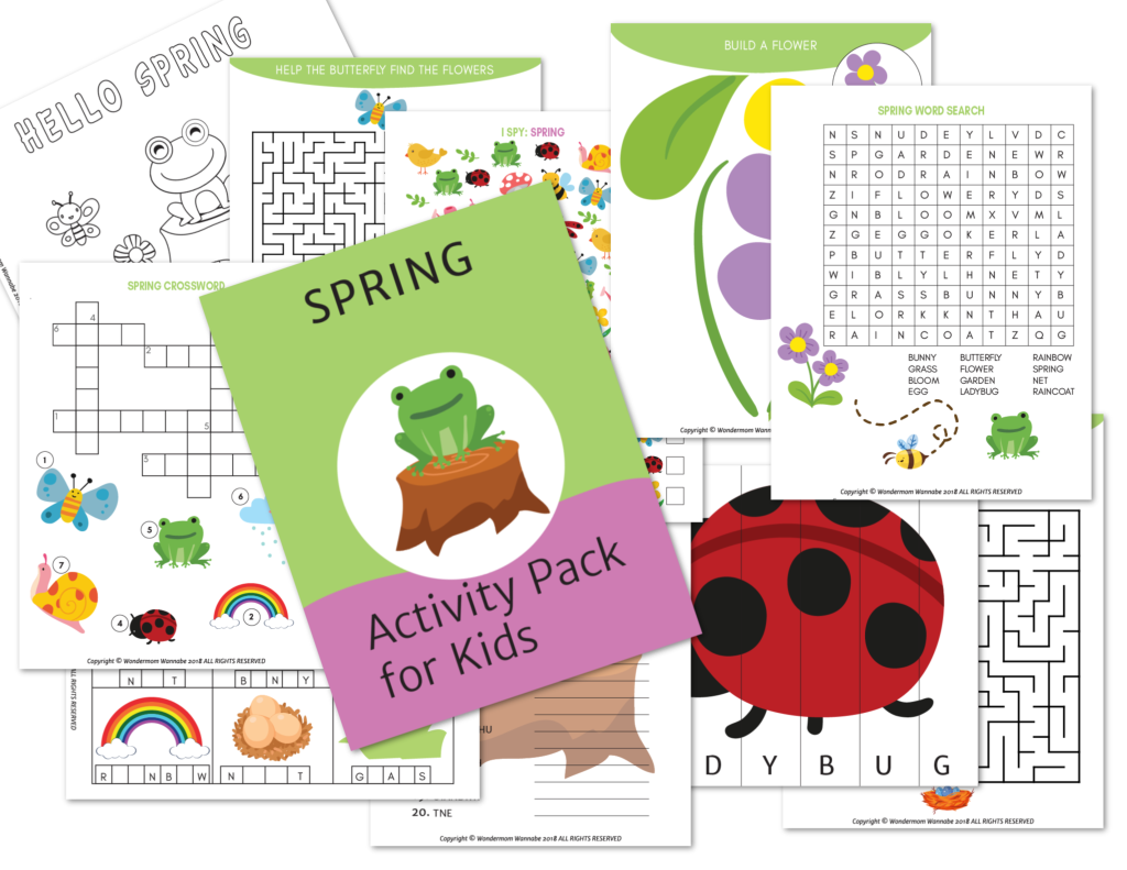 Introducing the Printable Kids Activity Books Bundle by Wondermom Shop: a delightful collection of spring-themed children's activity sheets. This digital product includes mazes, word searches, crosswords, coloring pages, and puzzles. Available for download as printable kids activity books, each pack features a cover sheet labeled "Spring Activity Pack for Kids.