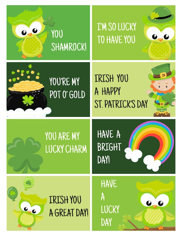 VIP Vault's "St. Patrick’s Day Lunch Notes for Kids" are digital cards featuring charming owls, rainbows, and shamrocks with phrases like "You're my pot o' gold," perfect for printing as festive lunch box notes!.