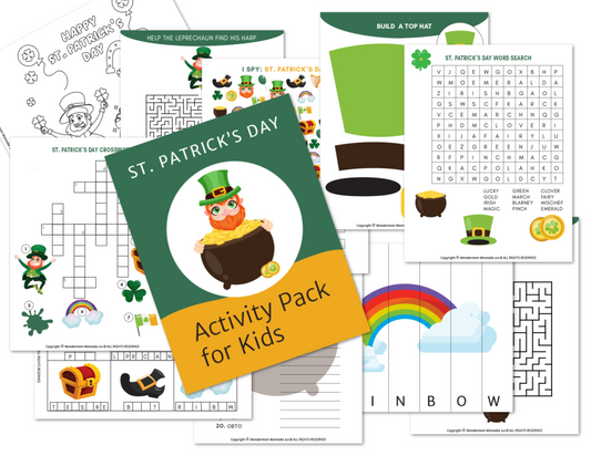 Explore the St. Patrick's Day Activity Kit for Kids by Wondermom Shop, packed with worksheets, puzzles, word searches, and coloring pages featuring leprechauns, rainbows, and pots of gold—perfect for sparking creativity and Irish-themed fun!.