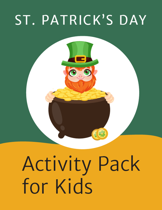 Wondermom Shop's St. Patrick's Day Activity Kit for Kids: includes a leprechaun and pot of gold on a green and yellow backdrop, ideal for festive fun!.