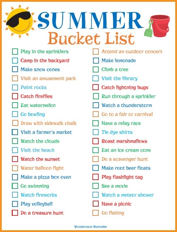 Colorful "Summer Bucket List" digital product from VIP Vault with various activities like playing in the sprinklers, making lemonade, and watching a sunrise, depicted with playful icons and checkboxes.