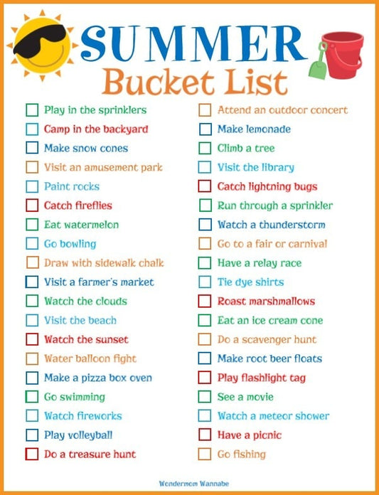Colorful "Summer Bucket List" digital product from VIP Vault with various activities like playing in the sprinklers, making lemonade, and watching a sunrise, depicted with playful icons and checkboxes.