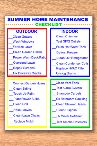 Image of a VIP Vault printable summer home maintenance checklist divided into outdoor and indoor tasks, listed in blue and red text boxes.