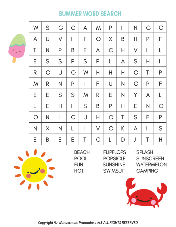Enjoy a summer-themed word search from the Wondermom Shop's Summer Activity Kit for Kids, featuring fun words like "beach," "camping," and "sunshine" with cute popsicle, sun, and crab illustrations—perfect for kids’ games!.