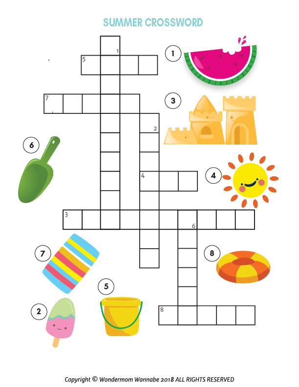 The Summer Activity Kit for Kids by Wondermom Shop includes a printable crossword puzzle with watermelon, sandcastle, sun, popsicle, ice cream, shovel, bucket, and pool float illustrations—ideal for digital product fans and kids game lovers!.