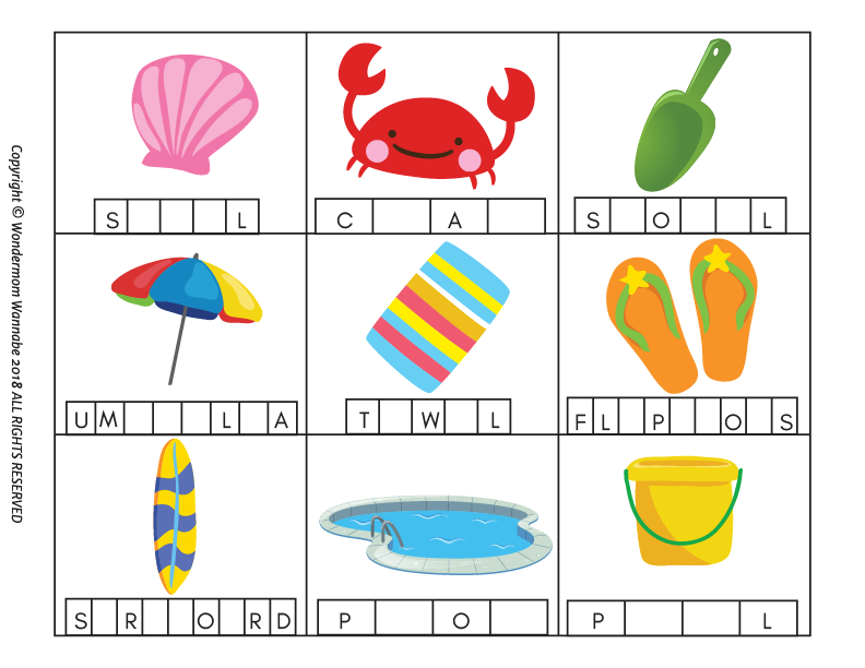 The Wondermom Shop Summer Activity Kit for Kids features a fun worksheet with nine beach-themed boxes and incomplete words—great for kids' games! Includes shell, crab, shovel, umbrella, towel, flip flops, surfboard, pool, and pail.