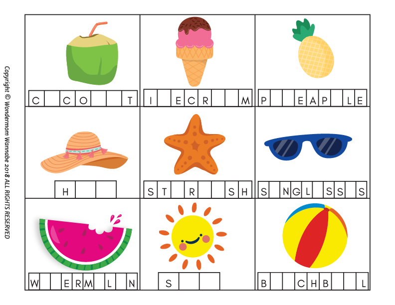 The Wondermom Shop Summer Activity Kit for Kids includes a printable word puzzle game with missing-letter words and images like coconut, ice cream, pineapple, hat, starfish, sunglasses, watermelon, sun, and beach ball.