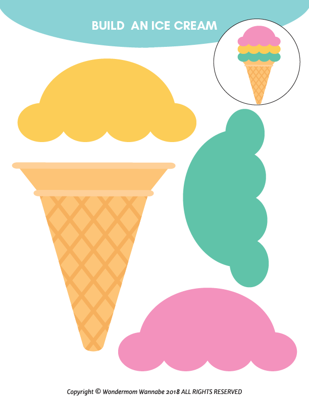 Assemble an ice cream cone with separate pieces—cone, yellow, teal, and pink scoops. Featured in the Wondermom Shop’s Summer Activity Kit for Kids. Includes a completed example in the top right corner, ideal for printable or digital use.