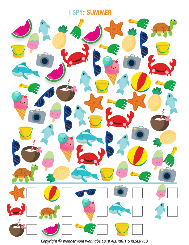 The Summer Activity Kit for Kids from Wondermom Shop features a vibrant I Spy game sheet with beach balls, ice cream, crabs, turtles, fish, cameras, watermelon slices & sand tools. Includes answer boxes for easy play.