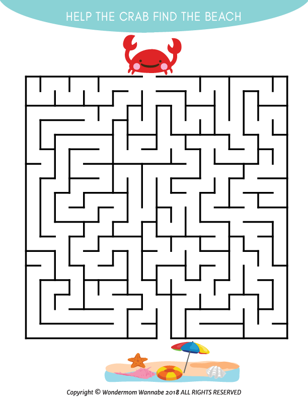 Guide the cartoon crab through a fun maze from the Wondermom Shop’s Summer Activity Kit for Kids—help it reach the sunny beach! Perfect digital activity for children’s games and summer fun.