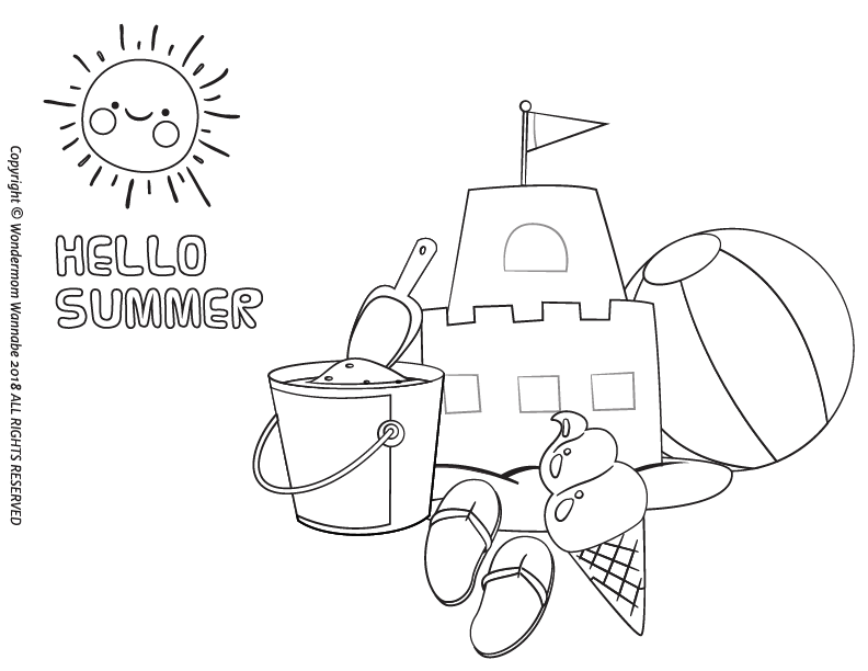 A sandcastle, bucket, shovel, beach ball, ice cream cone, shells, and a smiling sun with "Hello Summer" appear in a coloring page style—ideal for the Wondermom Shop Summer Activity Kit for Kids.