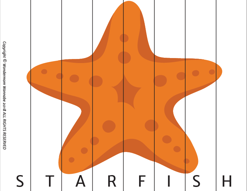 An orange spotted starfish illustration, segmented by lines with "STARFISH" below—ideal for Wondermom Shop’s Summer Activity Kit for Kids as a fun printable or digital game.