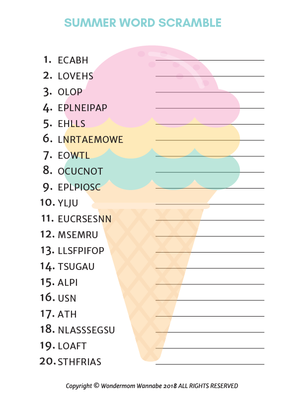 The Summer Activity Kit for Kids by Wondermom Shop includes a fun, summer-themed word scramble worksheet with a pastel ice cream cone, 20 scrambled words, and answer lines—perfect for kids’ games and printable play.