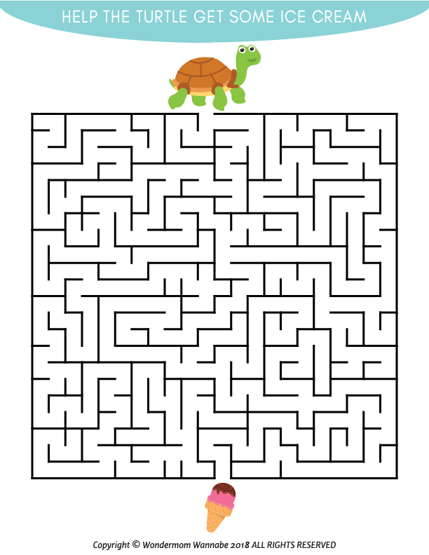 Help a turtle reach an ice cream cone by solving a maze from the Summer Activity Kit for Kids by Wondermom Shop! This fun printable game is a perfect way to entertain kids with digital summer activities.