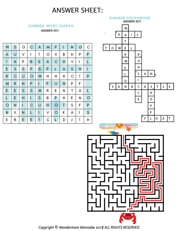The Summer Activity Kit for Kids by Wondermom Shop features completed answer sheets for summer-themed word search, crossword, and maze. This fun printable digital product is perfect for keeping children entertained with kids games.