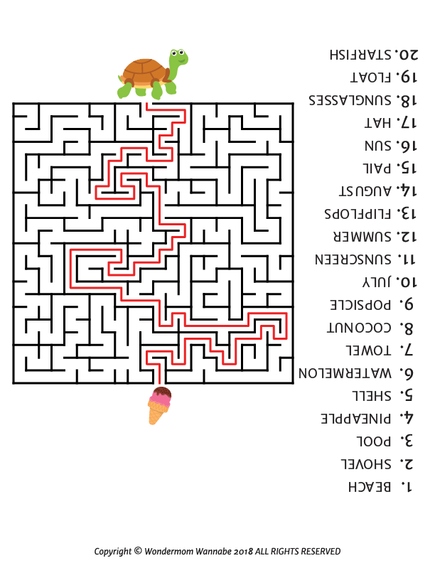 A tortoise at the maze entrance and an ice cream cone at the exit, with a red solution path. This fun Kids Game is from the Summer Activity Kit for Kids by Wondermom Shop, featuring reversed spelling words on the right.