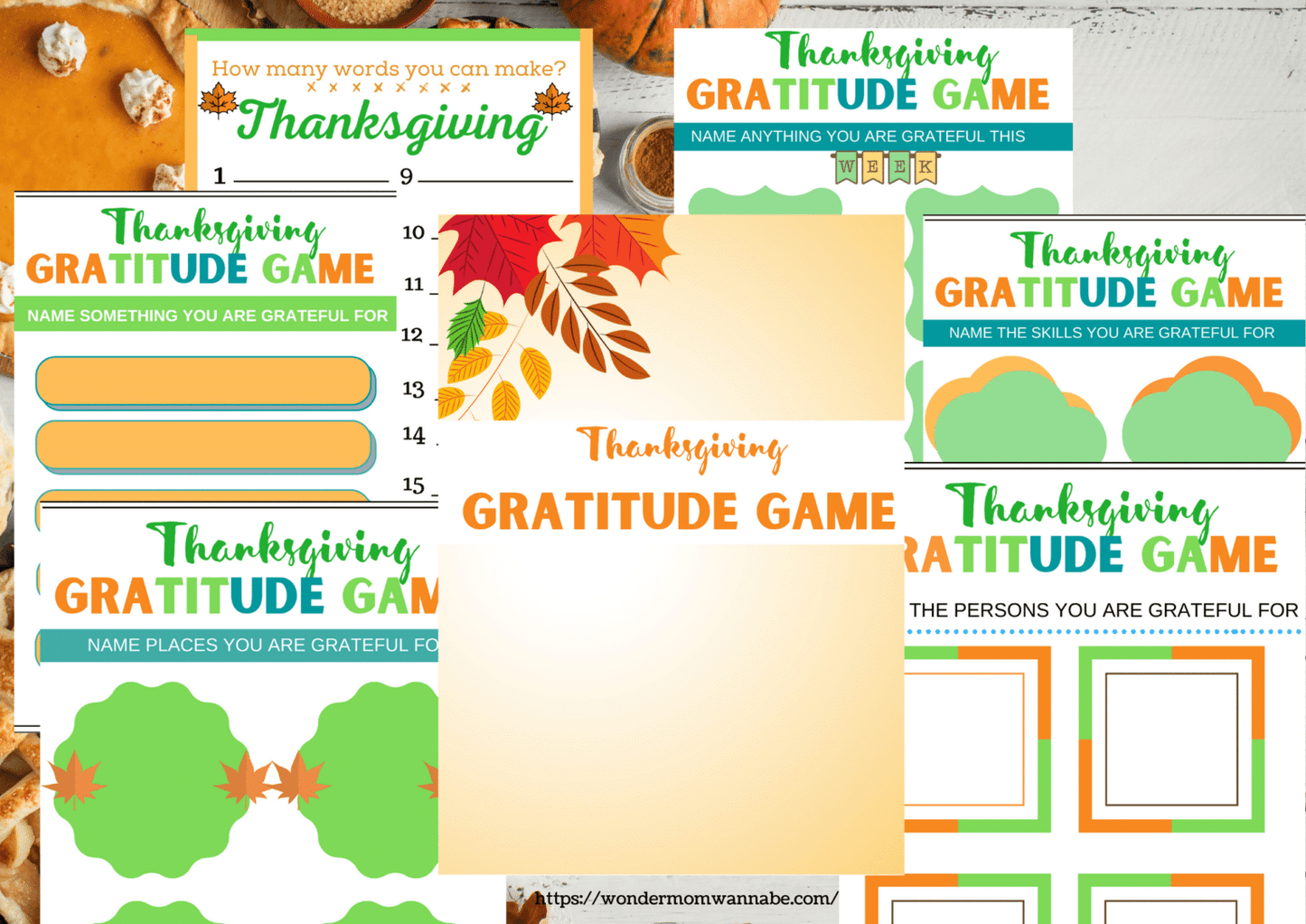 Collage of Thanksgiving Gratitude Game for kids by VIP Vault featuring printable game prompts. Various prompts include naming things, people, skills, and places one is grateful for, adorned with autumnal and holiday decor.