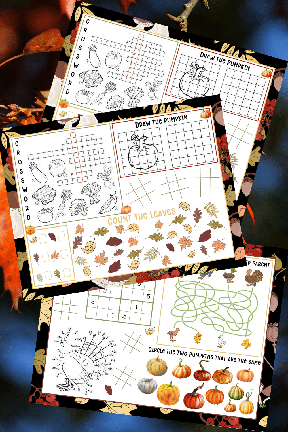 Explore the VIP Vault Thanksgiving Placemats, a charming digital set with crosswords, drawing grids, leaf counting, pumpkin matching, and a maze. Ideal for entertaining kids while the festive placemats enhance your autumn gathering!.