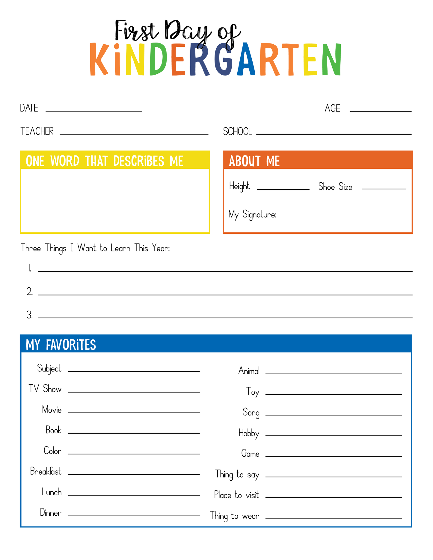 The "First Day of School Time Capsule" by Wondermom Shop is an ideal worksheet for documenting personal information, favorite things, and learning goals. This digital product also serves as a wonderful First Day of Kindergarten keepsake.