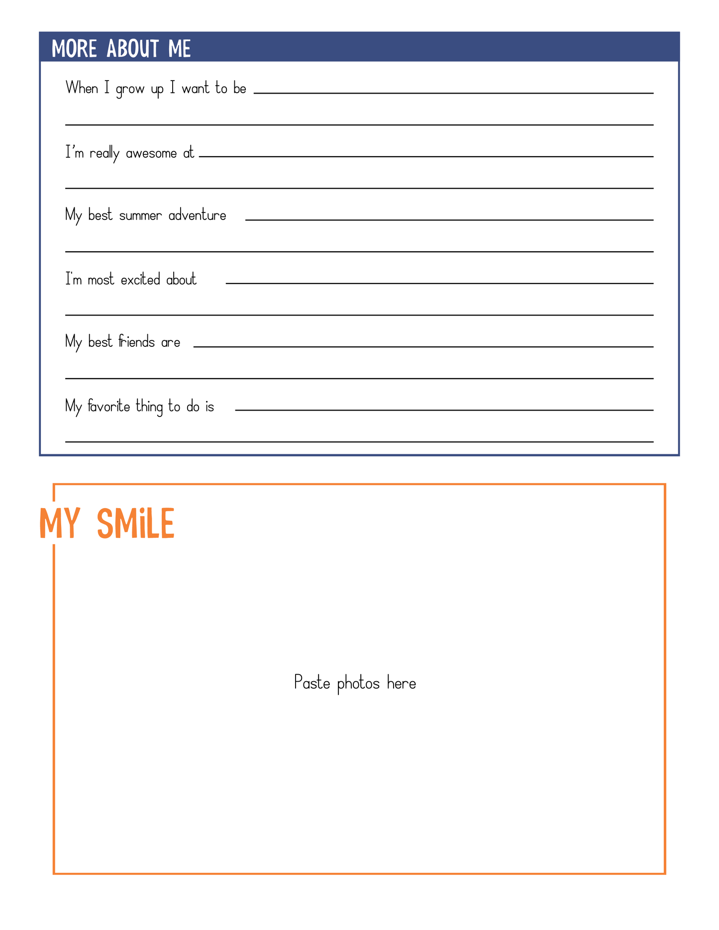 A template titled "More About Me" with prompts to fill in personal information. Below is a section labeled "My Smile" with space to paste a photo, perfect for capturing memories on the First Day of School by using the First Day of School Time Capsule from Wondermom Shop.