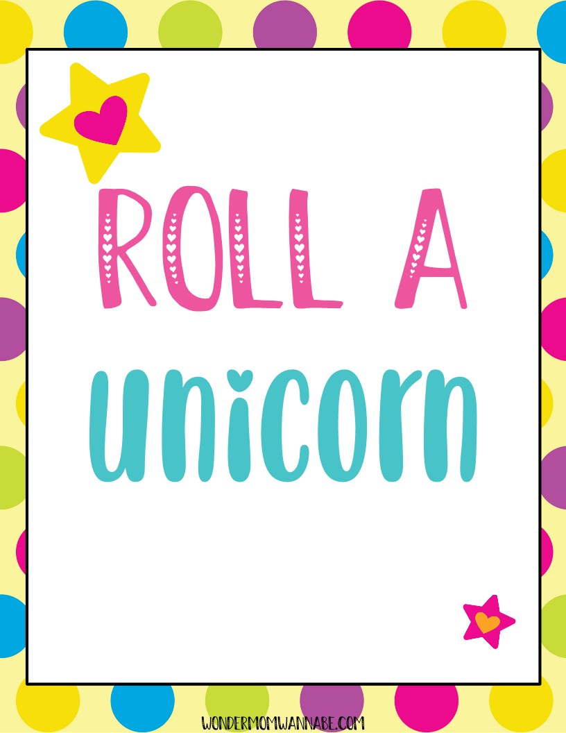 A vibrant and playful sign from the Unicorn Party Game Pack by Wondermom Shop, featuring polka dots and stars with "Roll a Unicorn" displayed in whimsical pink and blue fonts, ideal as a printable digital product for any unicorn-themed party.