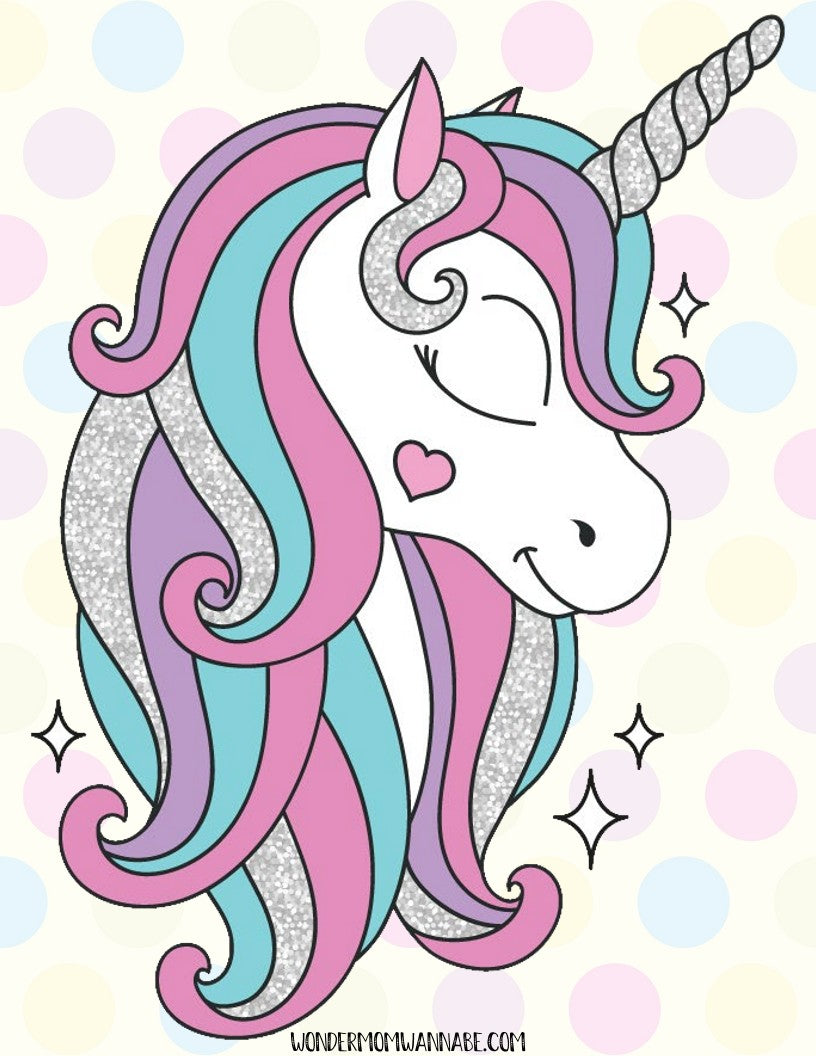 This illustration features a unicorn with a pastel-colored mane, closed eyes, and a small heart on its cheek. Ideal for the Unicorn Party Game Pack by Wondermom Shop, the background showcases a pattern of pastel-colored circles – perfect for any printable Unicorn Party game.