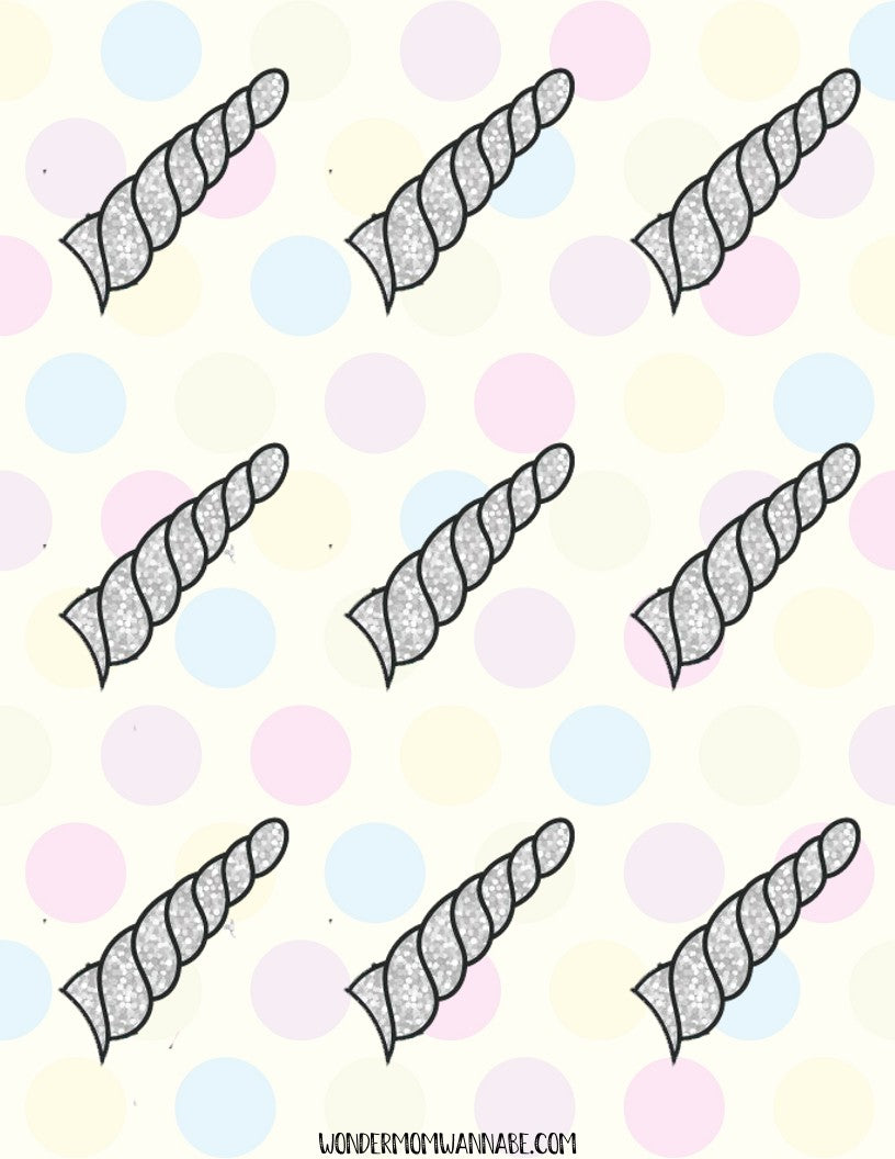 Pattern of gray unicorn horns with black outlines on a background of pastel-colored circles, perfect for a printable **Unicorn Party Game Pack** by **Wondermom Shop**. This digital product adds a touch of magic to your festivities.