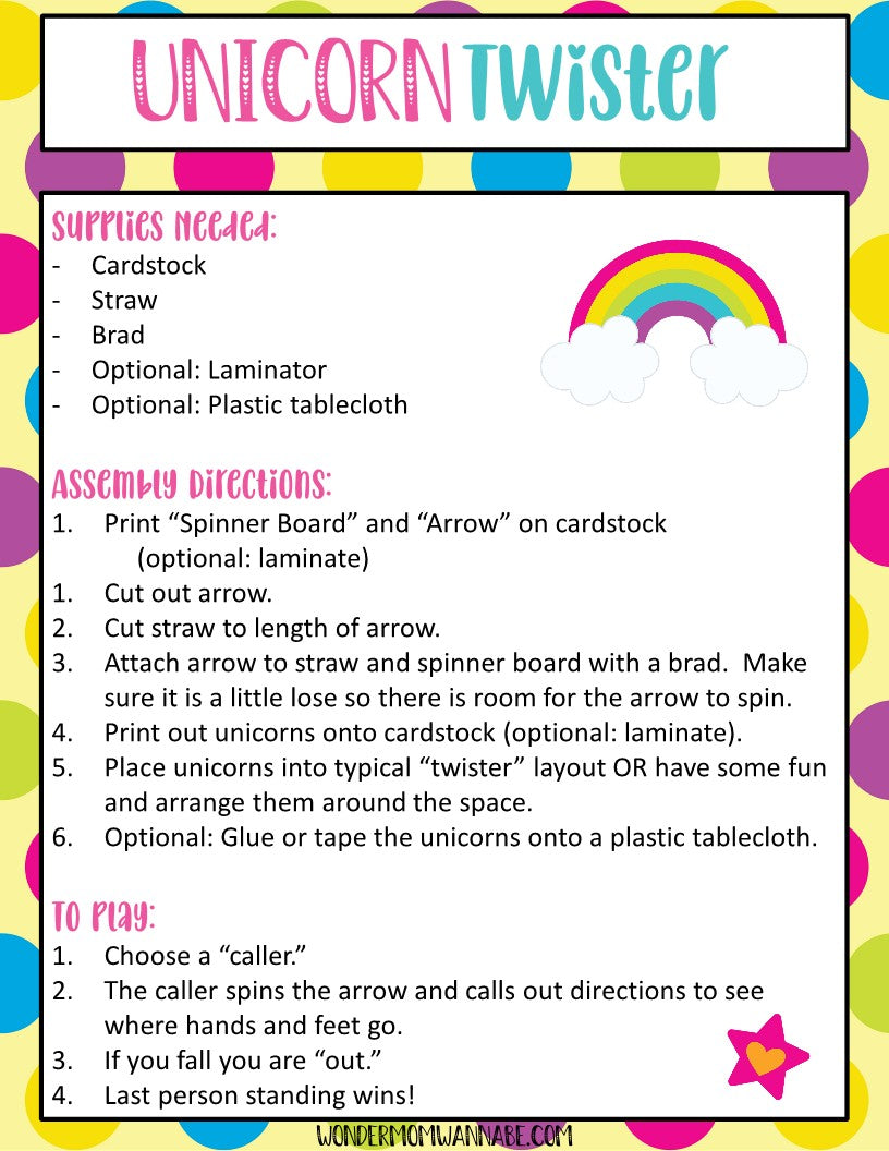 A printout from Wondermom Shop titled "Unicorn Party Game Pack" includes instructions for supplies, assembly, and gameplay rules. The game combines crafting with the classic Twister experience using unicorn-themed materials, making it the perfect printable activity for a Unicorn Party.