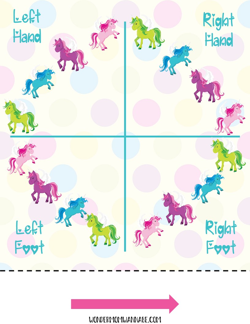 The "Unicorn Party Game Pack" from Wondermom Shop features a printable mat decorated with colorful unicorns and labels for "Left Hand," "Right Hand," "Left Foot," and "Right Foot." A clockwise spin indicator arrow at the bottom makes it an ideal digital product for fun-filled gatherings.