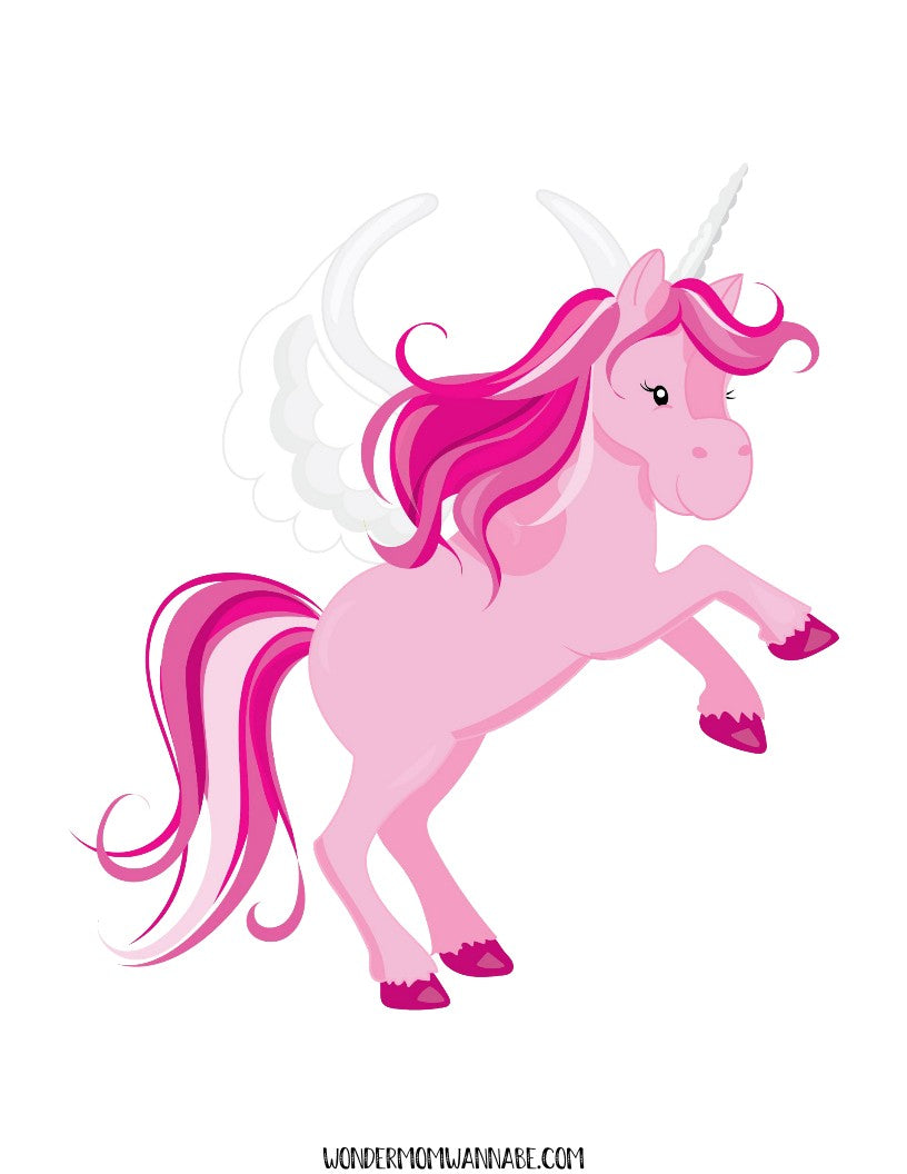 Illustration of a pink unicorn with wings, a pink mane and tail, standing on its hind legs. The unicorn features a white horn and is set against a plain white background—ideal for your next printable Unicorn Party Game Pack from Wondermom Shop or digital product needs.