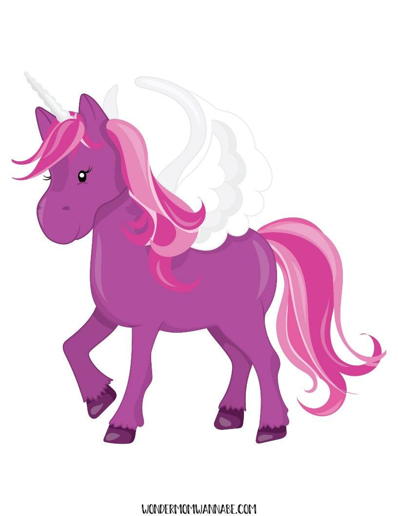 A purple unicorn with pink hair, white wings, and a horn standing on a white background—perfect for any digital product or the Unicorn Party Game Pack by Wondermom Shop.