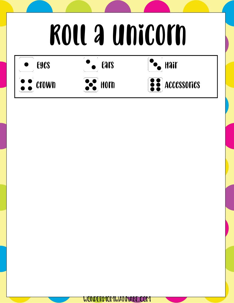Use the Unicorn Party Game Pack from Wondermom Shop to roll a Unicorn game sheet featuring sections for Eyes, Ears, Hair, Crown, Horn, and Accessories—each linked to dice rolls illustrated beside them. The sheet is decorated with a polka-dotted border and is ideal for both printable unicorn party games or as a digital product.