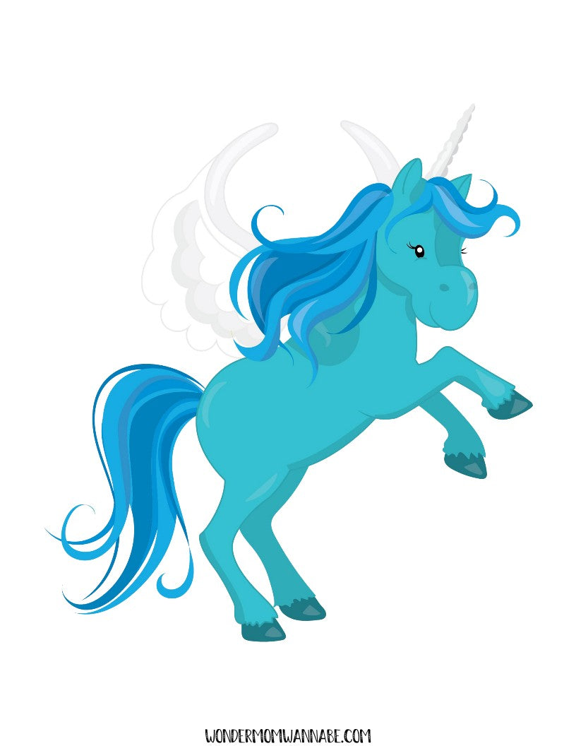 A teal-colored unicorn with a blue mane and tail, featuring white wings and a horn, stands on its hind legs. Perfect for the Unicorn Party Game Pack by Wondermom Shop, the watermark at the bottom reads "WONDEROMOMWANNABE.COM".