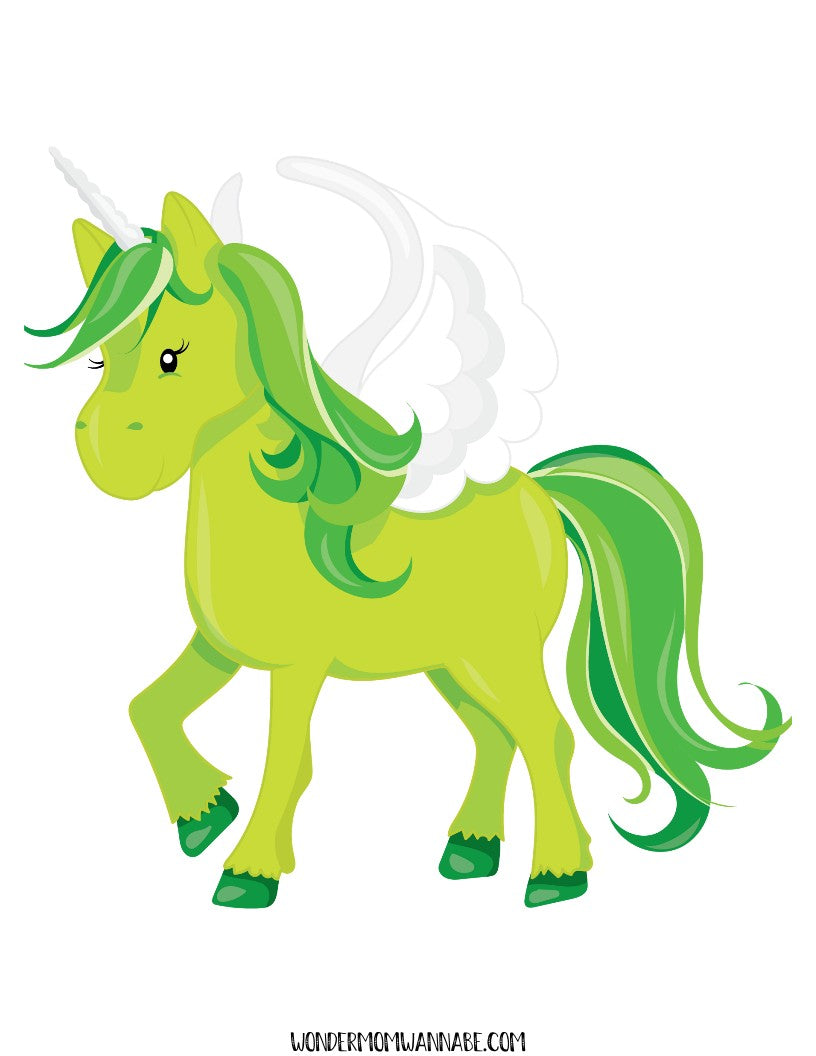 Illustration of a green unicorn with wings and a white horn. The unicorn, featured in the delightful Wondermom Shop's Unicorn Party Game Pack, has green and white hair and is walking with one front leg raised. Perfect for adding magic to any digital product or themed celebration!