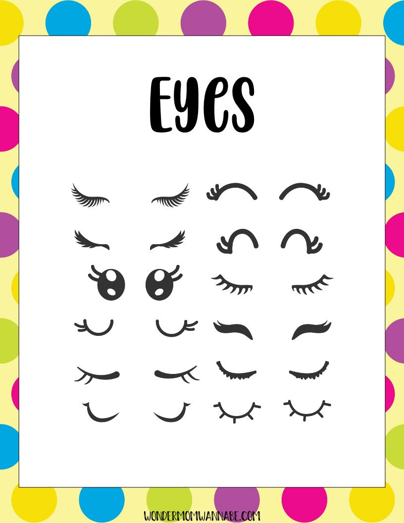 Introducing "Eyes," a digital product within the Unicorn Party Game Pack by Wondermom Shop, featuring 18 black and white illustrations of various eye expressions set against a polka-dotted border. Perfect for adding a whimsical touch to your printable Unicorn Party.