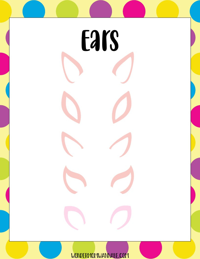 The "Unicorn Party Game Pack" by Wondermom Shop features a colorful, polka-dotted border that frames the word "Ears" at the top. Below, various pastel pink ear shapes are arranged in two columns on a white background—an ideal choice for a whimsical digital product or a printable game for your Unicorn-themed party.
