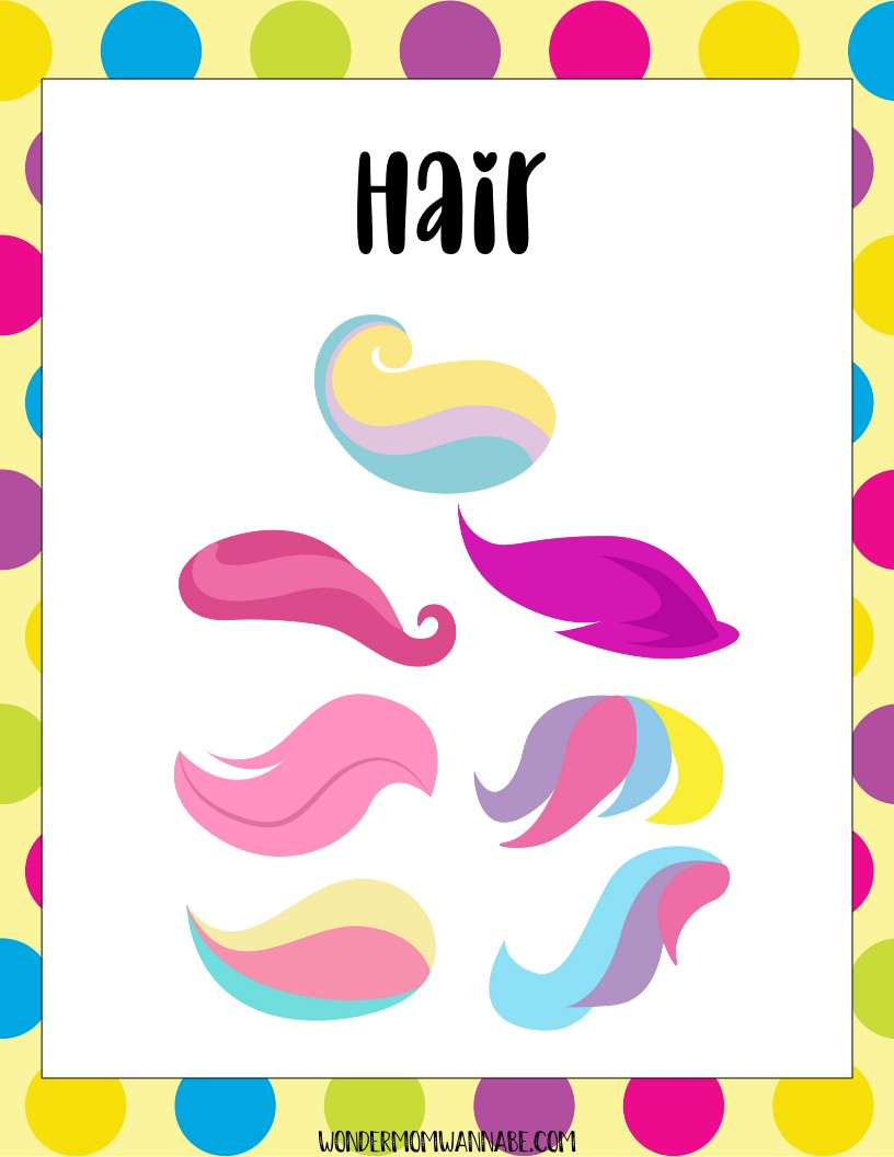 Illustration of various colorful hair swirls, including shades of pink, blue, purple, and yellow, on a polka-dot background with the word "Hair" at the top. Perfect as a digital product for Wondermom Shop's Unicorn Party Game Pack.