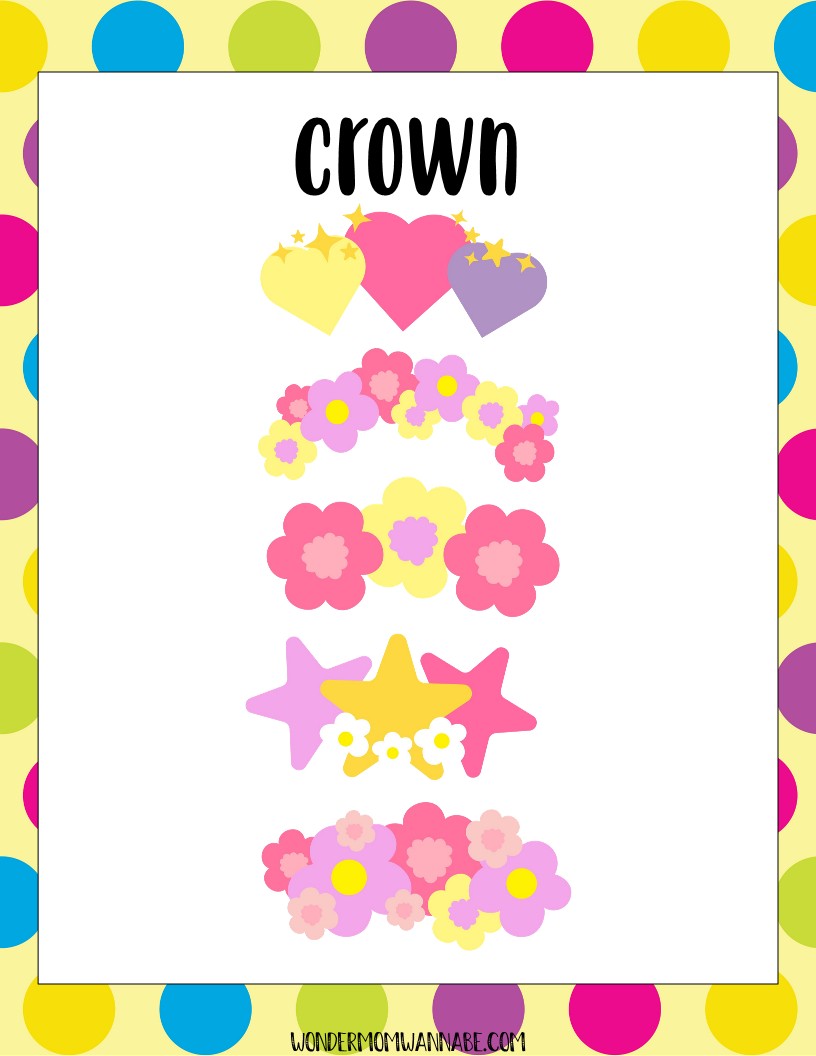 A vibrant digital product image showcasing an assortment of crowns adorned with hearts, flowers, and stars, displayed on a clean white background with a polka dot border. Ideal for the printable Unicorn Party Game Pack by Wondermom Shop, it features the word "crown" prominently at the top.